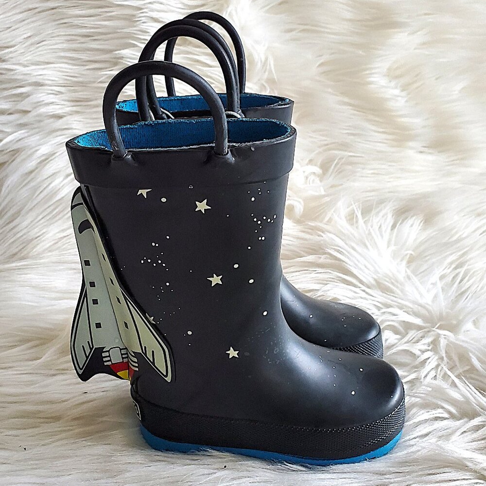 Carter's Kid's Black/Blue 4-D Space Rocket Waterproof Unisex Rain Boots SZ 4